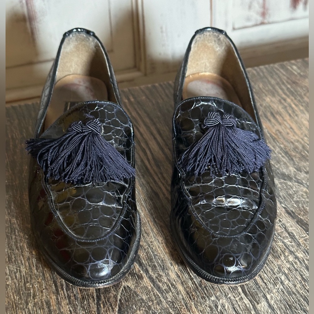 Stuart Weitzman Razmataz black Croc Leather Tassel Dress Loafers US Sz 6.5 M vtg - Picture 2 of 10